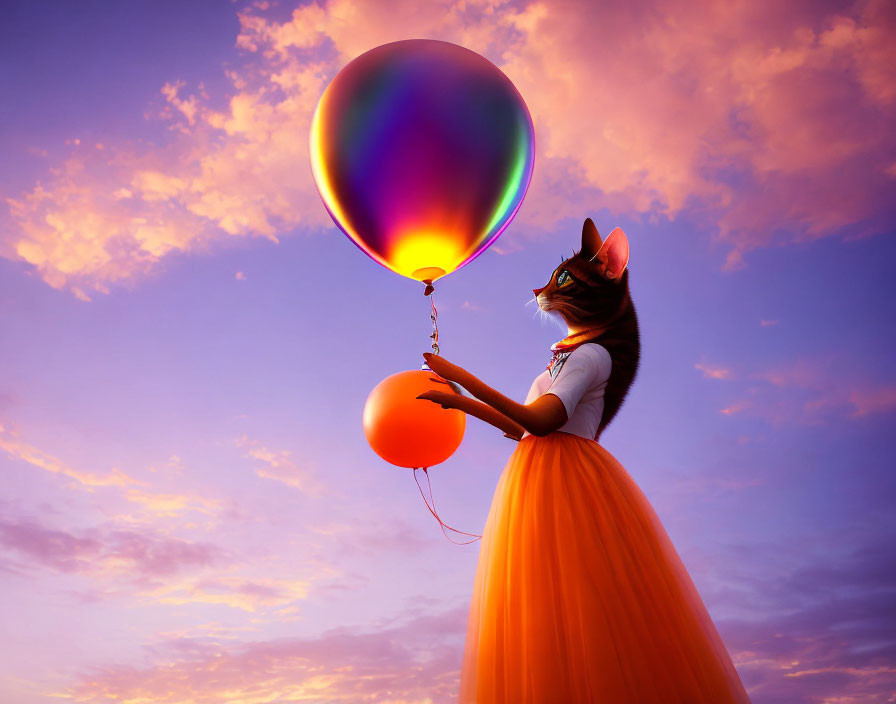 Anthropomorphic cat in dress with orange balloon under vibrant sunset sky