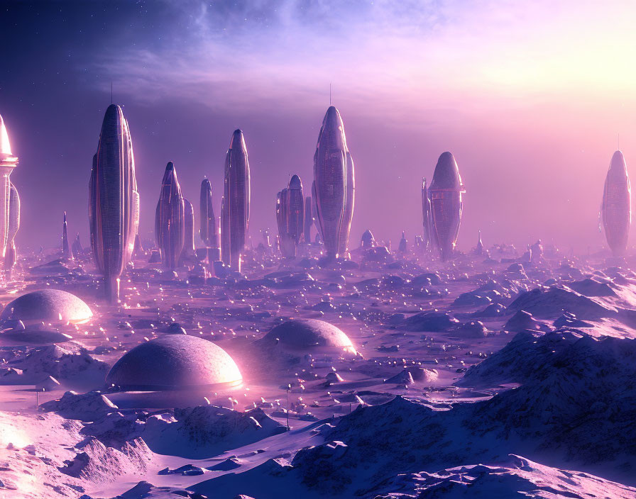 Sleek towers in futuristic cityscape on snowy alien terrain