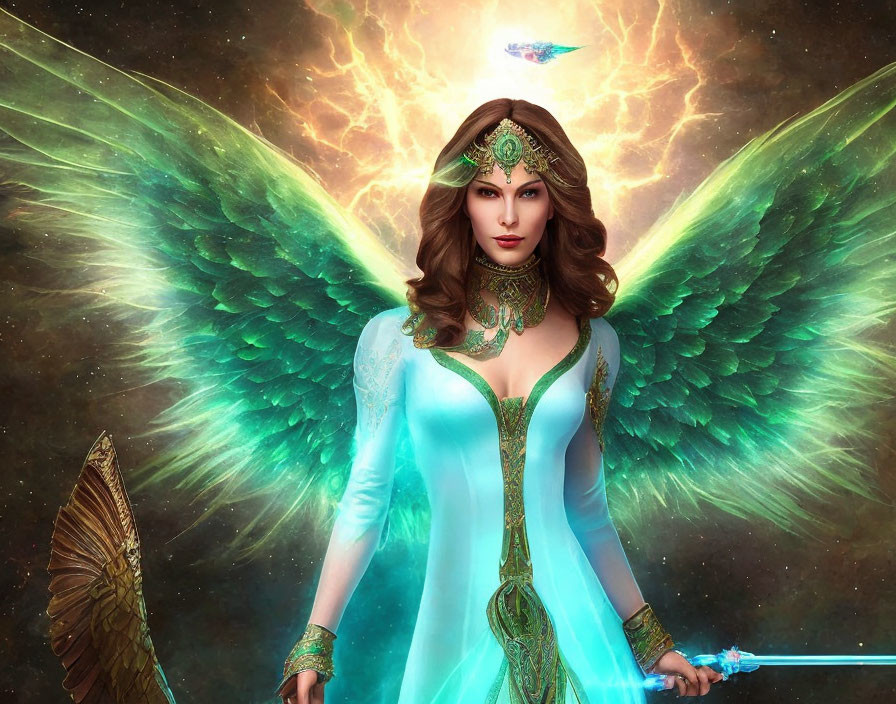 Digital artwork: Majestic female figure with green feathered wings, turquoise & gold attire, holding a