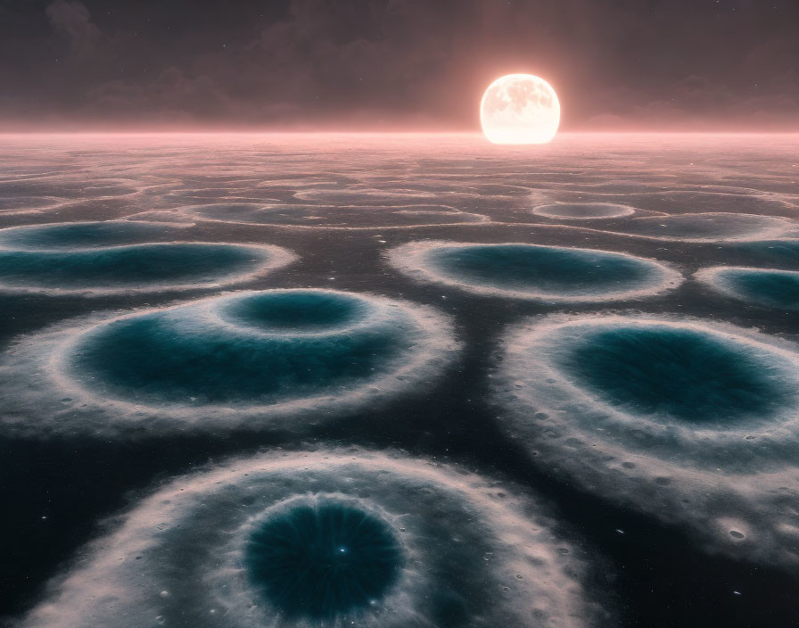 Surreal Landscape with Circular Illuminated Basins and Large Moon