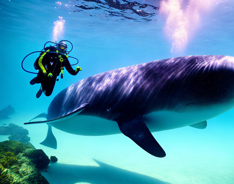 Diver swimming near large whale with sunlight filtering underwater