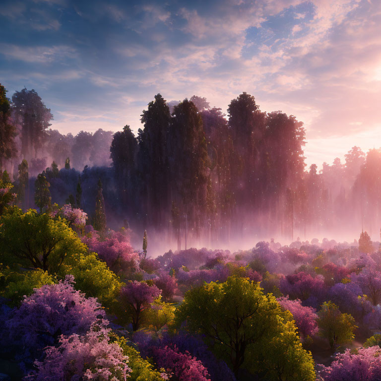 Colorful Sunrise Forest with Blossoming Trees and Ethereal Mist
