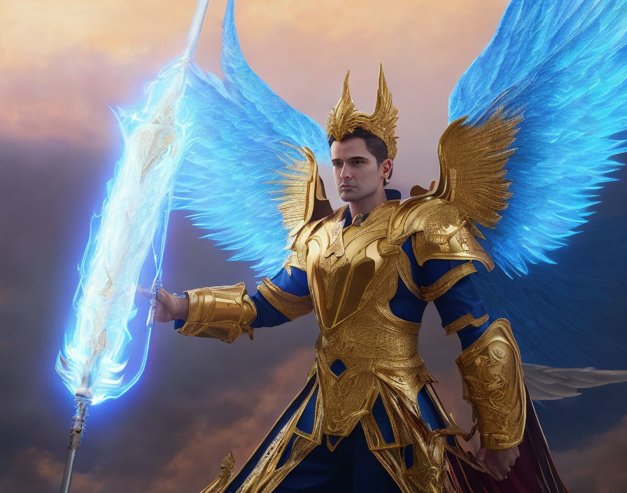 Male warrior digital artwork: golden armor, blue wings, glowing spear, dramatic sky.