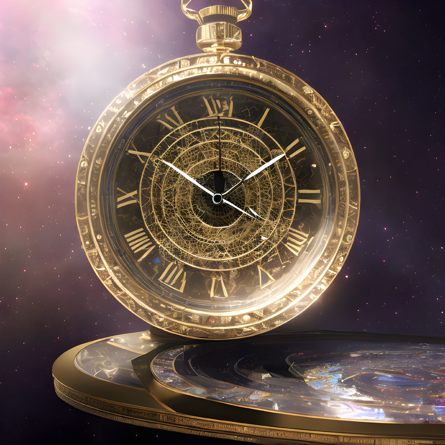 Golden Pocket Watch Floating in Cosmic Space with Galaxy Background