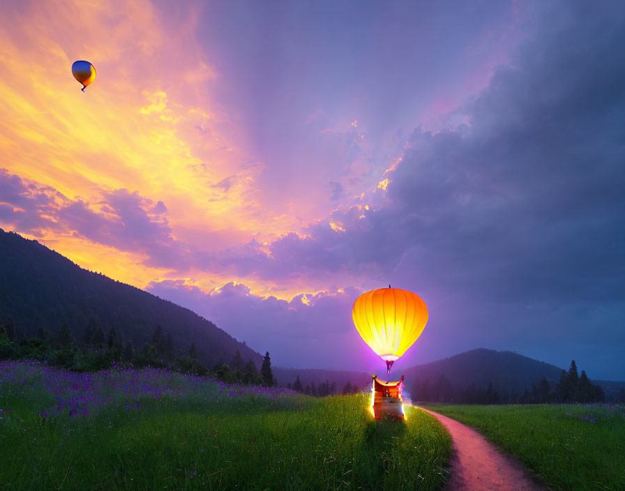 Colorful hot air balloon at dusk with vibrant sunset and flower-dotted field