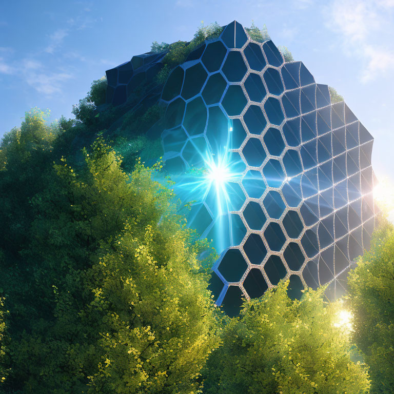 Modern honeycomb structure surrounded by green trees under clear sky.