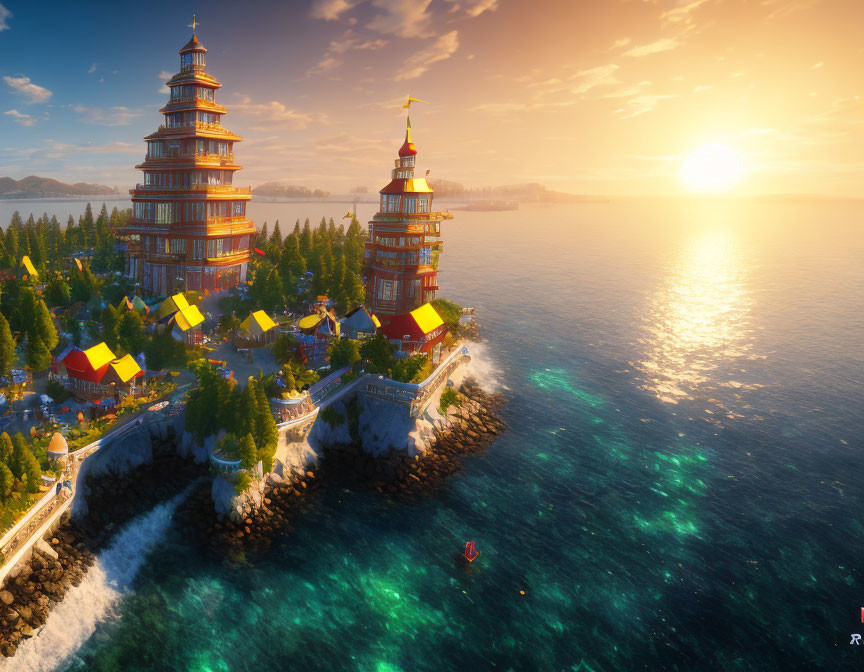 Seaside sunset with tiered pagodas, lush trees, and sailing boat