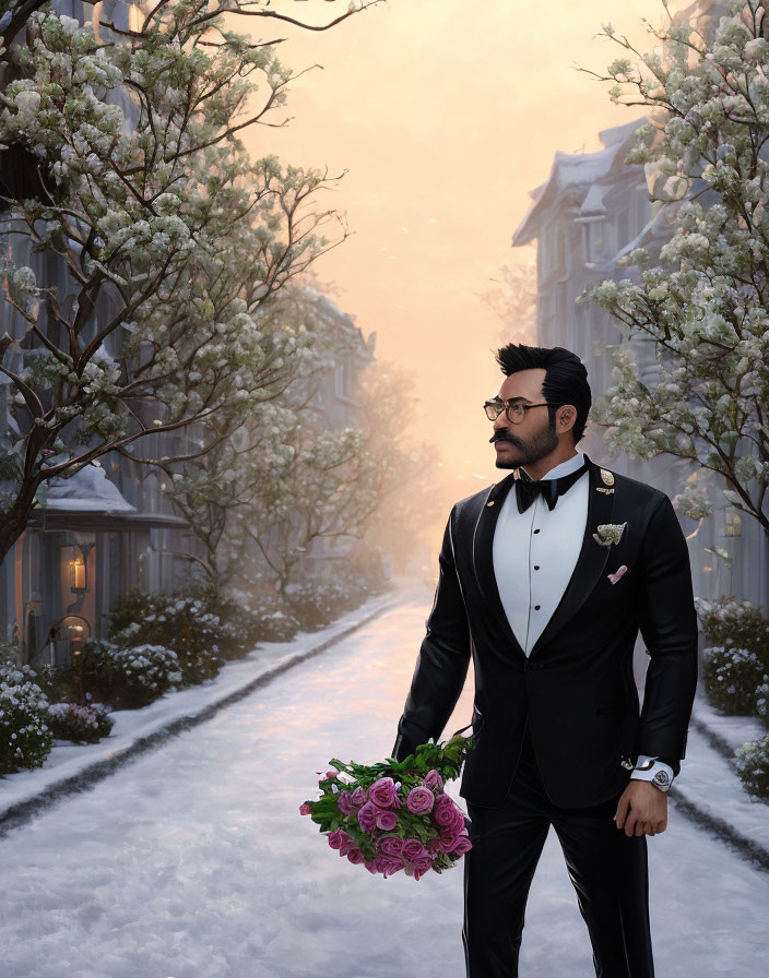 Bearded man in tuxedo with pink roses on snowy street at dusk