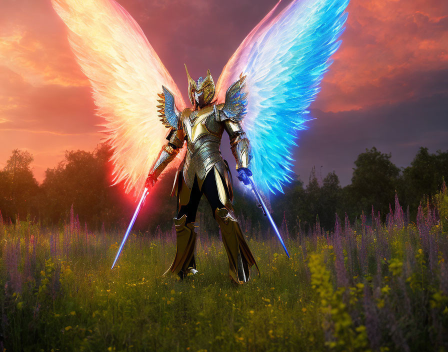 Person in ornate armor with luminous wings holding glowing swords in field at sunset