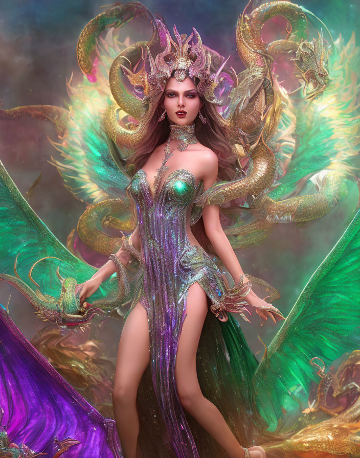 Fantasy Woman in Iridescent Purple and Green Dragon Costume