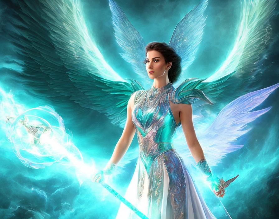 Fantasy illustration of woman with radiant wings, armor, and glowing staff