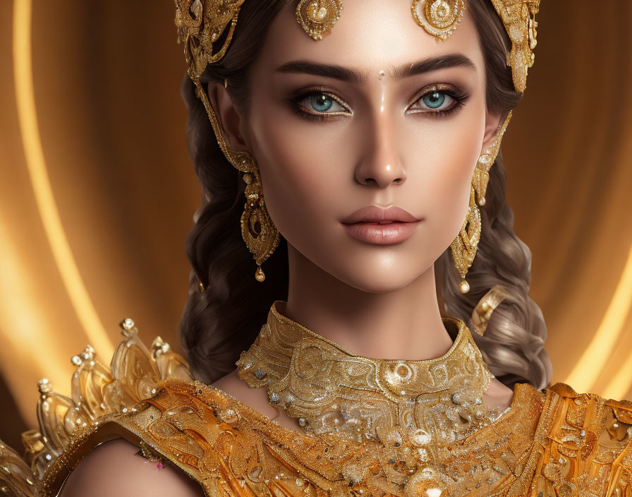 Woman with Blue Eyes in Golden Headgear and Jewelry on Golden Background