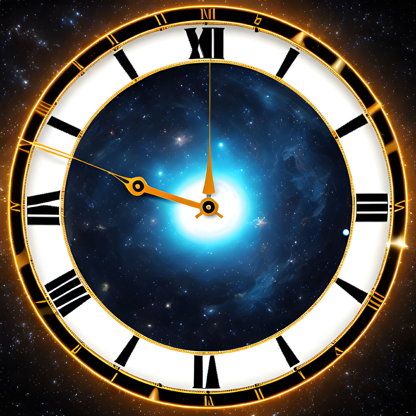 Ornate clock with Roman numerals on cosmic galaxy background