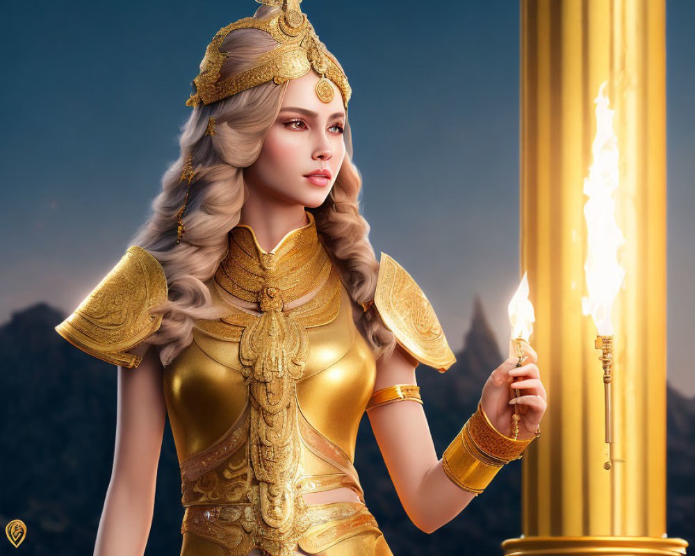 Fantasy digital artwork of woman in gold armor with crown and torch