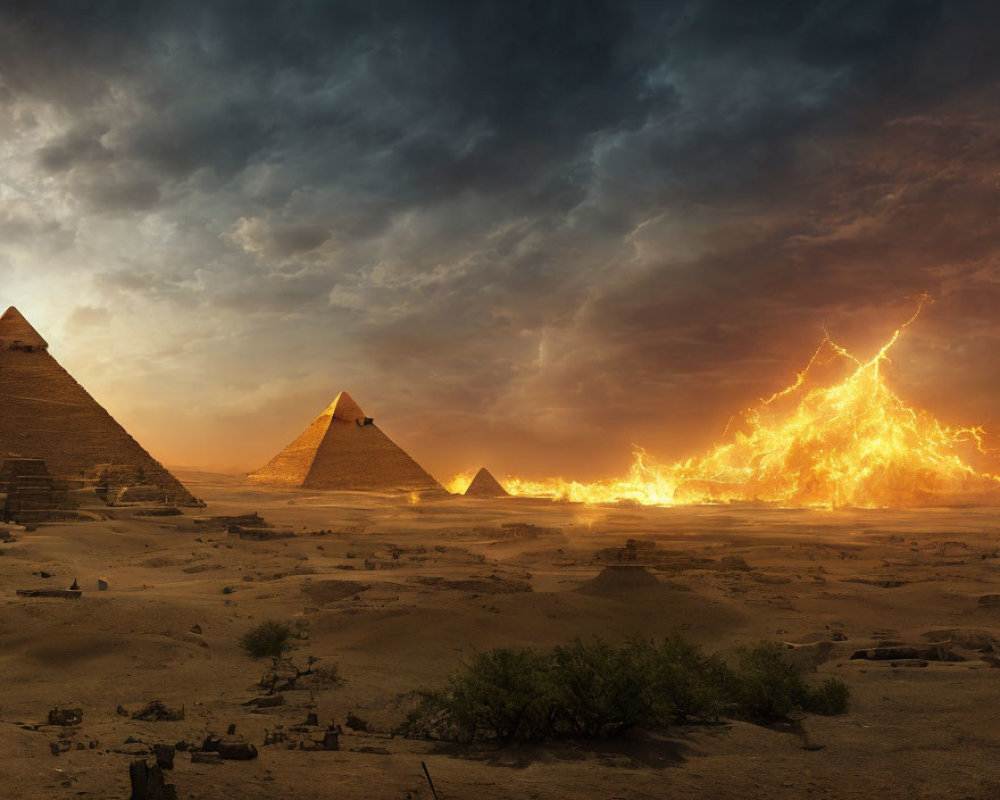 Dramatic Egyptian Pyramids in Desert Lightning Storm