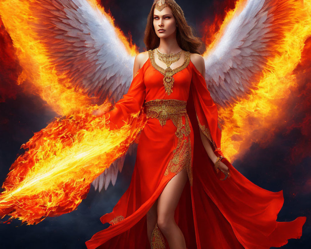 Woman in Red Flowing Dress with Phoenix Wings on Dark Background