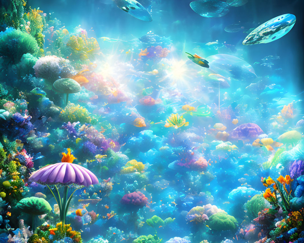 Colorful Underwater Scene with Corals, Fishes, and Sunlight Rays