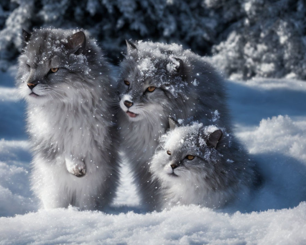 Three Fluffy Cats Covered in Snowflakes Stand in Snowy Landscape