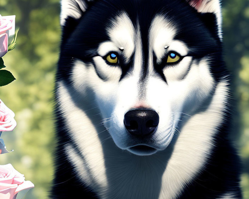 Husky with Blue Eyes Surrounded by Pink Roses and Flower Collar