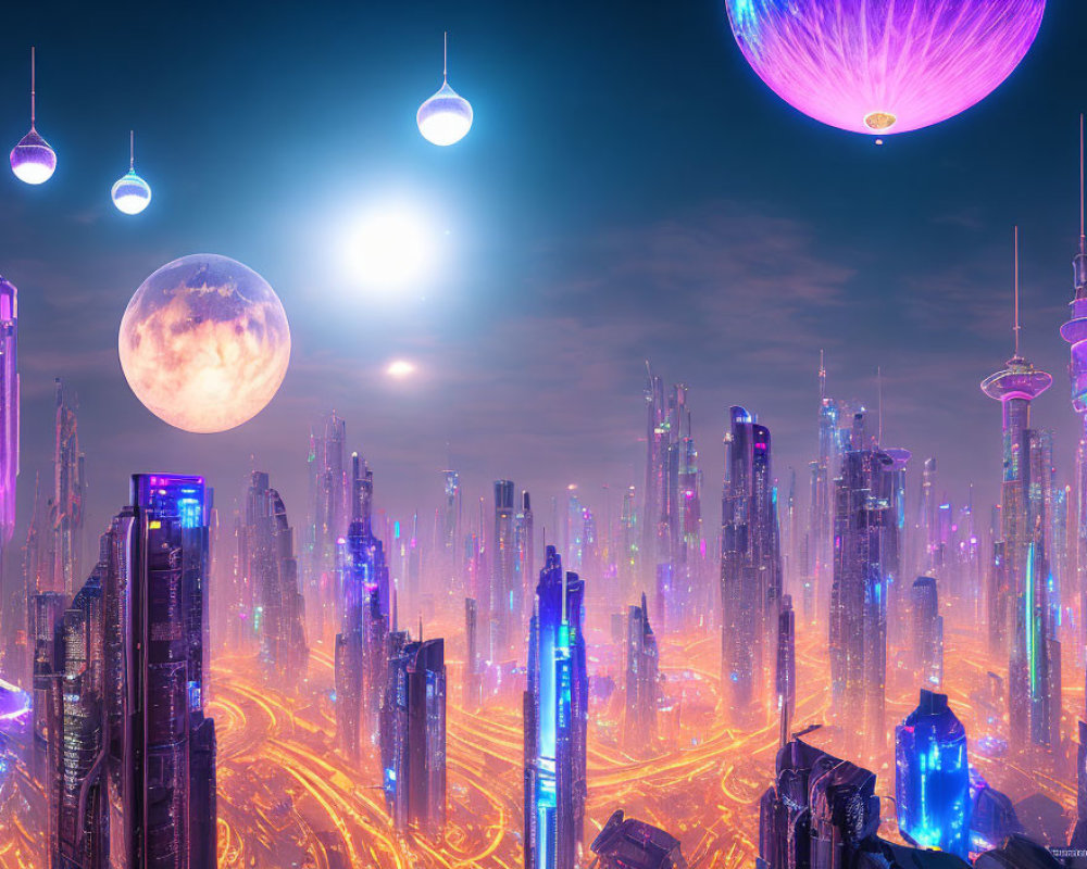 Neon-lit futuristic cityscape with glowing skyscrapers at night