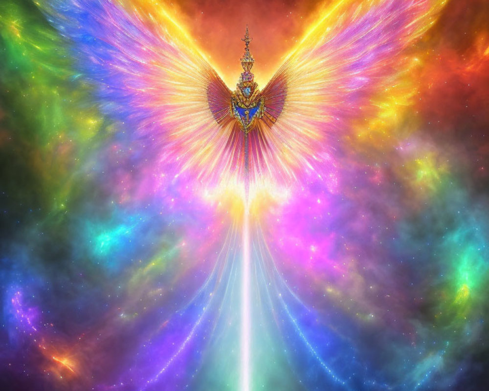 Colorful Mythical Creature with Outstretched Wings in Cosmic Setting