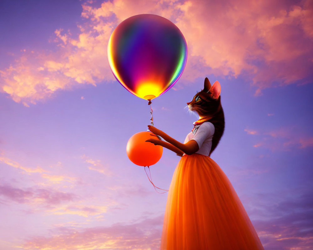 Anthropomorphic cat in dress with orange balloon under vibrant sunset sky