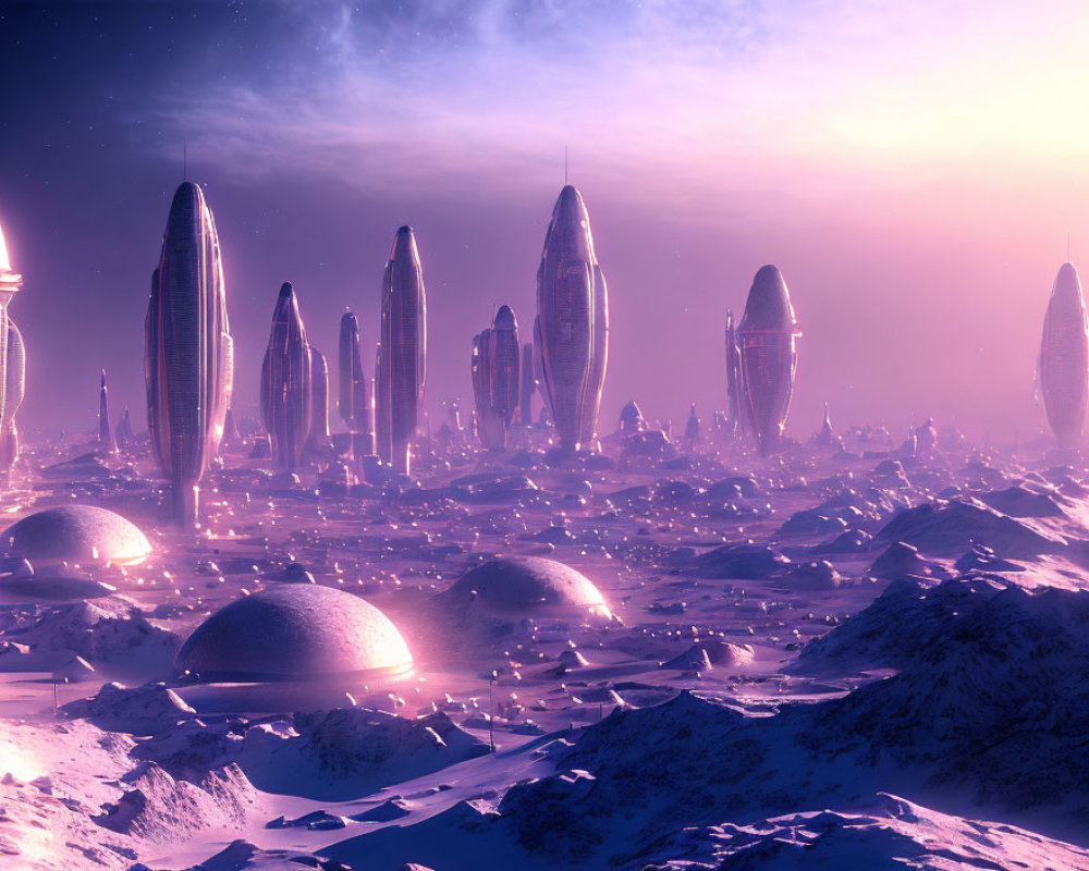 Sleek towers in futuristic cityscape on snowy alien terrain