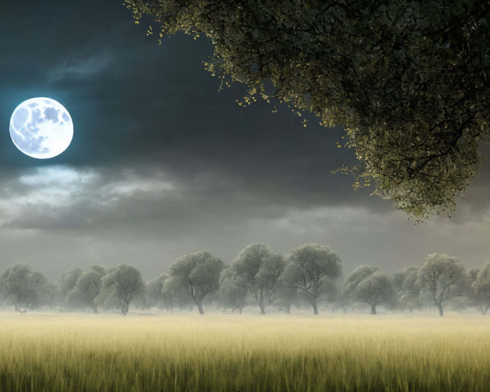 Full Moon Night Landscape with Tall Grasses and Trees