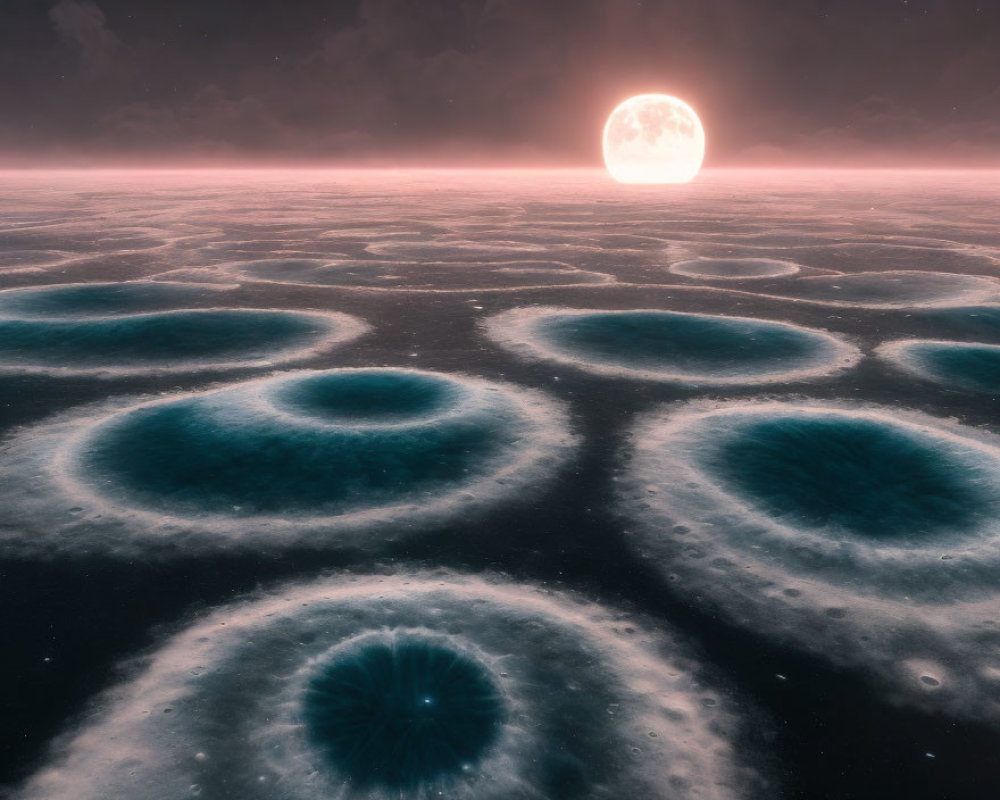 Surreal Landscape with Circular Illuminated Basins and Large Moon