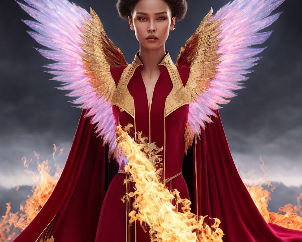 Majestic figure with golden wings and fiery elements against stormy backdrop