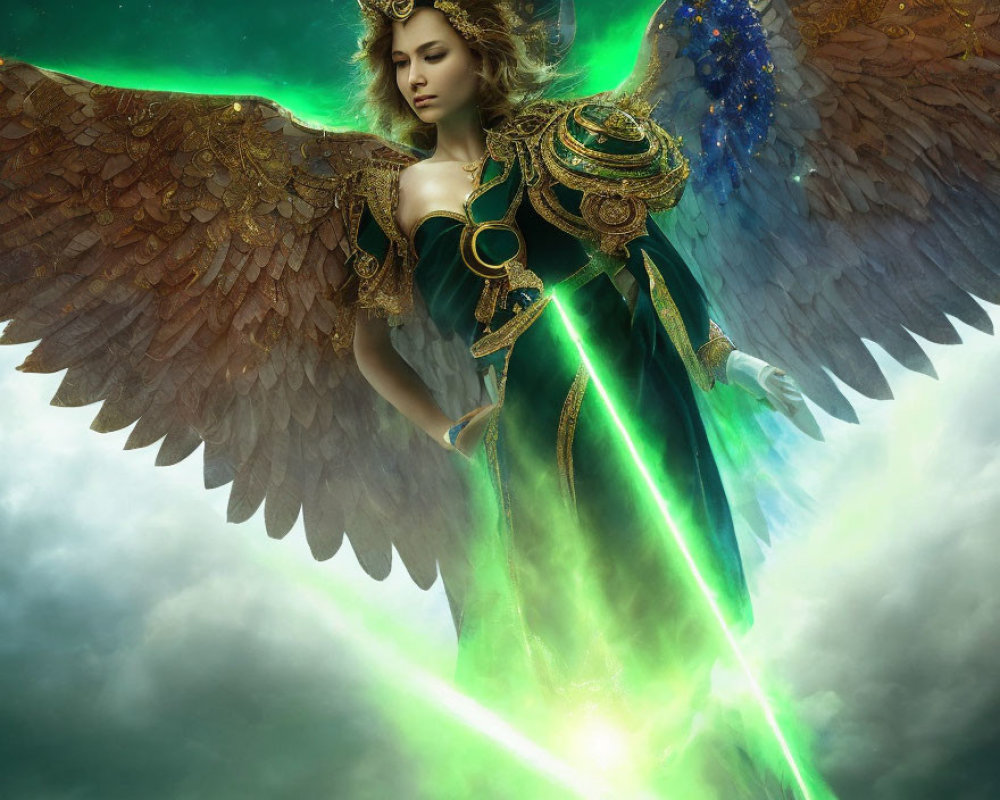 Majestic angel with brown wings in golden-green armor and glowing green light
