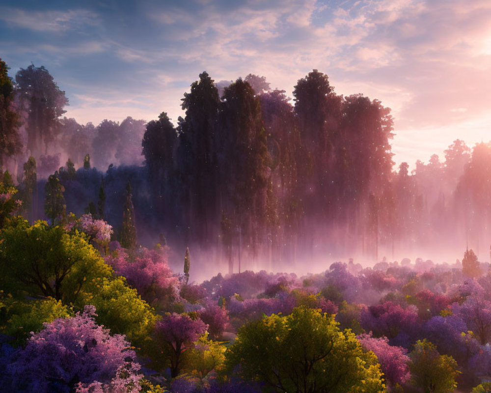 Colorful Sunrise Forest with Blossoming Trees and Ethereal Mist