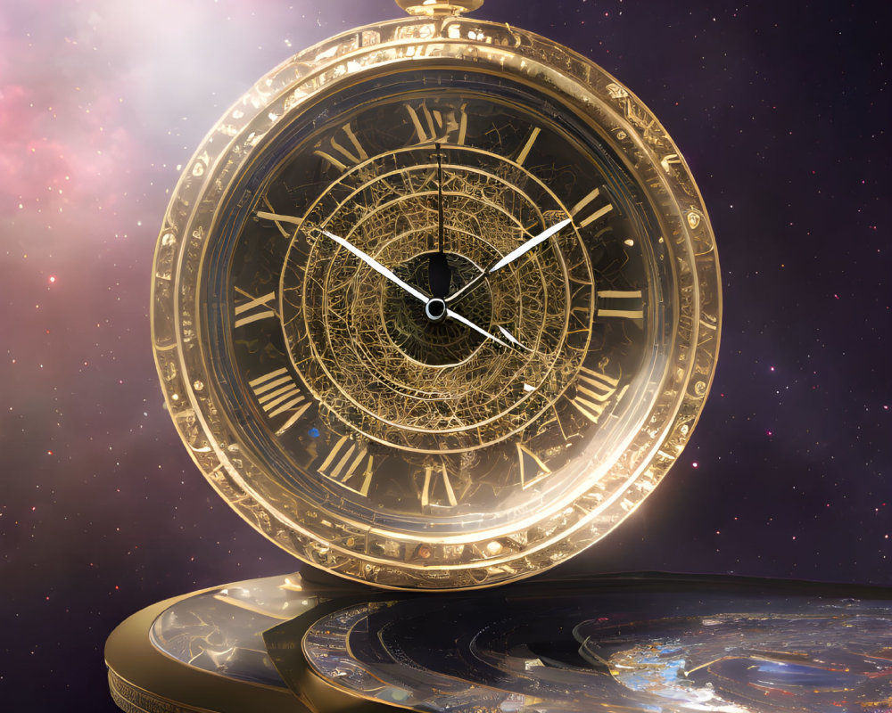 Golden Pocket Watch Floating in Cosmic Space with Galaxy Background