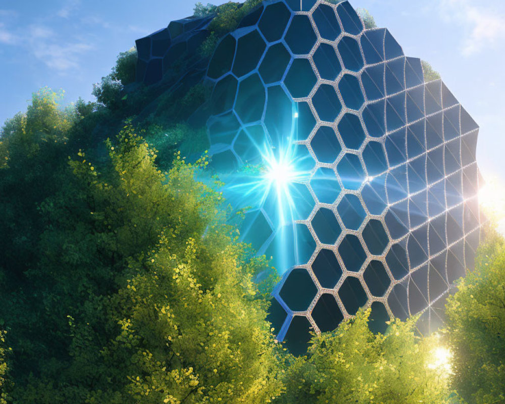 Modern honeycomb structure surrounded by green trees under clear sky.