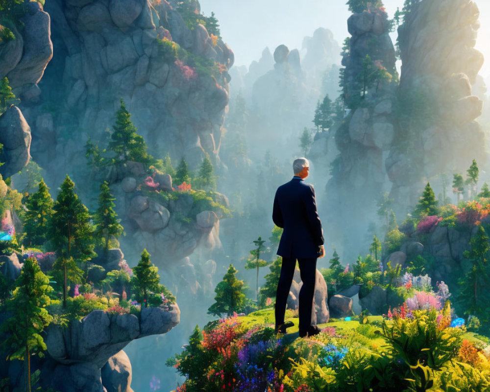 Man in suit on flower-covered hill gazes at sunlit forest with misty rock formations