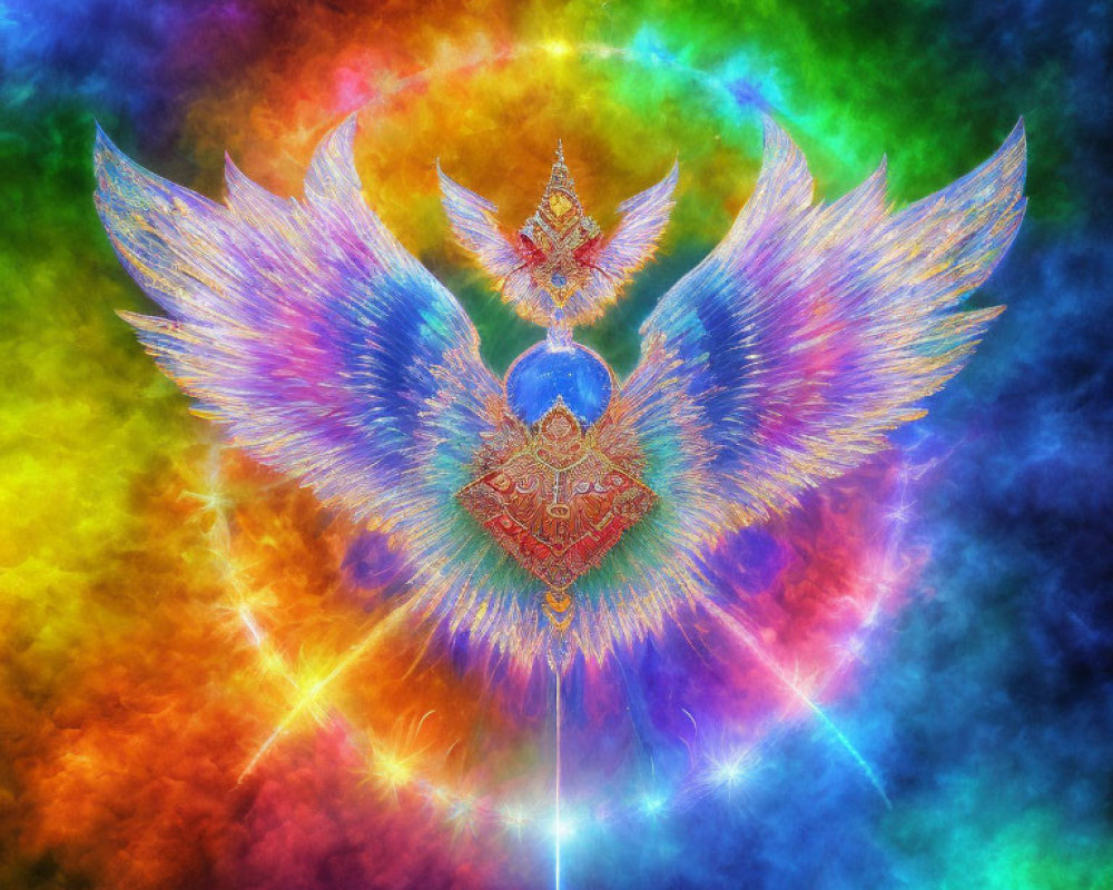 Colorful Celestial Bird Artwork Against Multicolored Nebula Background