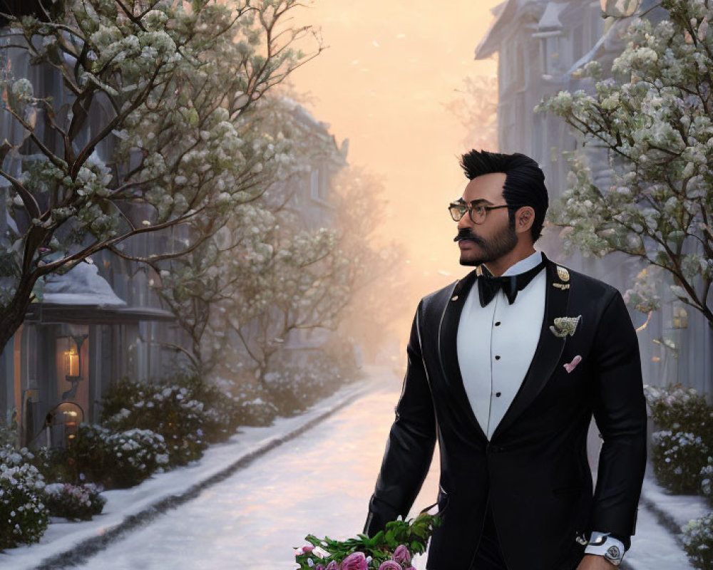 Bearded man in tuxedo with pink roses on snowy street at dusk