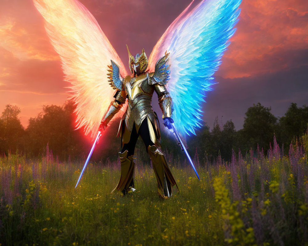 Person in ornate armor with luminous wings holding glowing swords in field at sunset