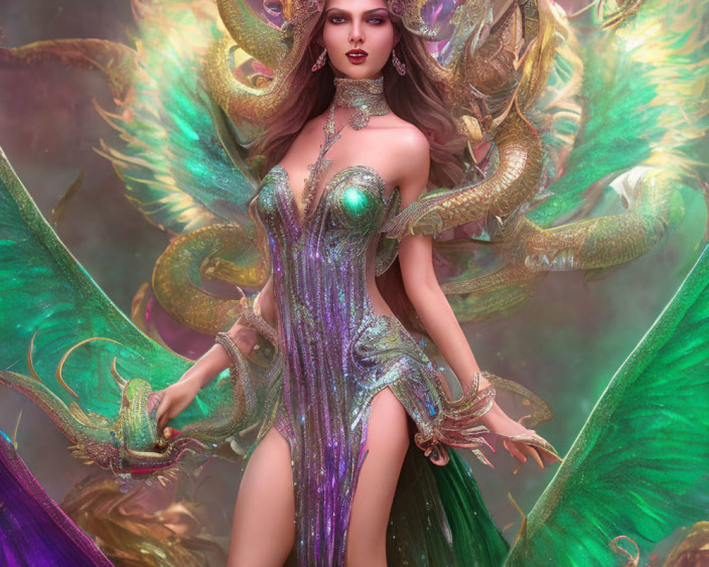 Fantasy Woman in Iridescent Purple and Green Dragon Costume