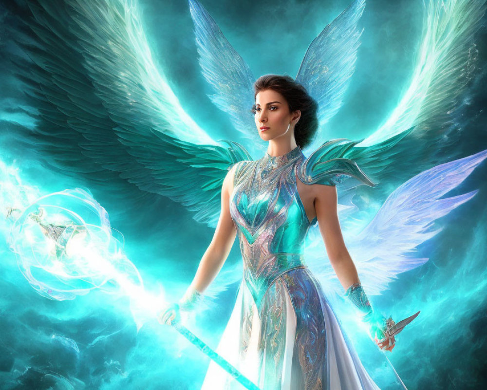 Fantasy illustration of woman with radiant wings, armor, and glowing staff