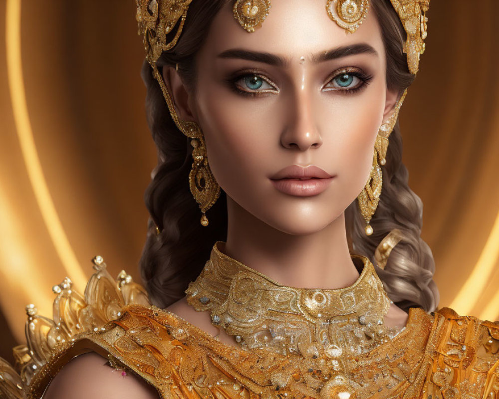 Woman with Blue Eyes in Golden Headgear and Jewelry on Golden Background