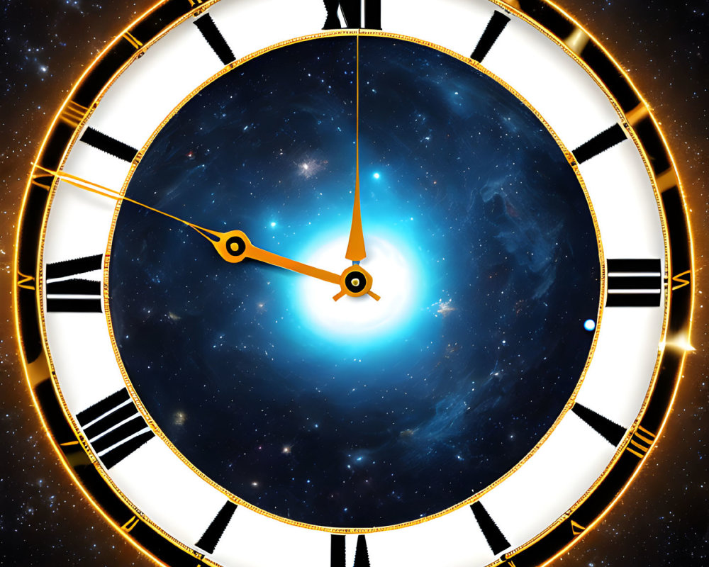 Ornate clock with Roman numerals on cosmic galaxy background