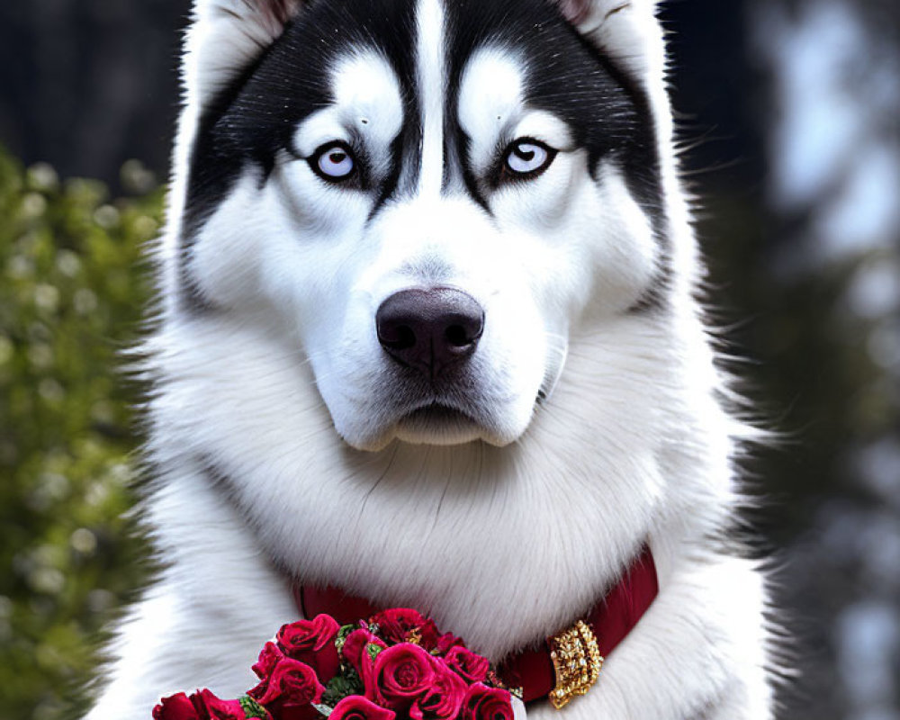 Siberian Husky with Blue Eyes Holding Red Roses in Nature