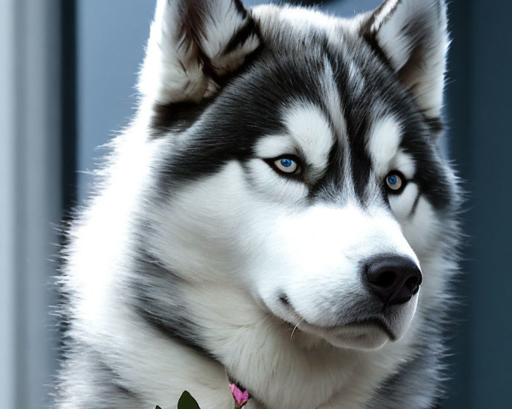 Siberian Husky with blue eyes and pink rose on collar