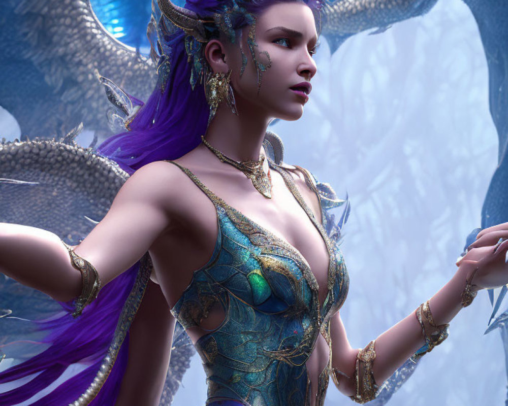 Fantasy elf woman with purple hair and horns in blue and gold armor with a dragon in icy setting