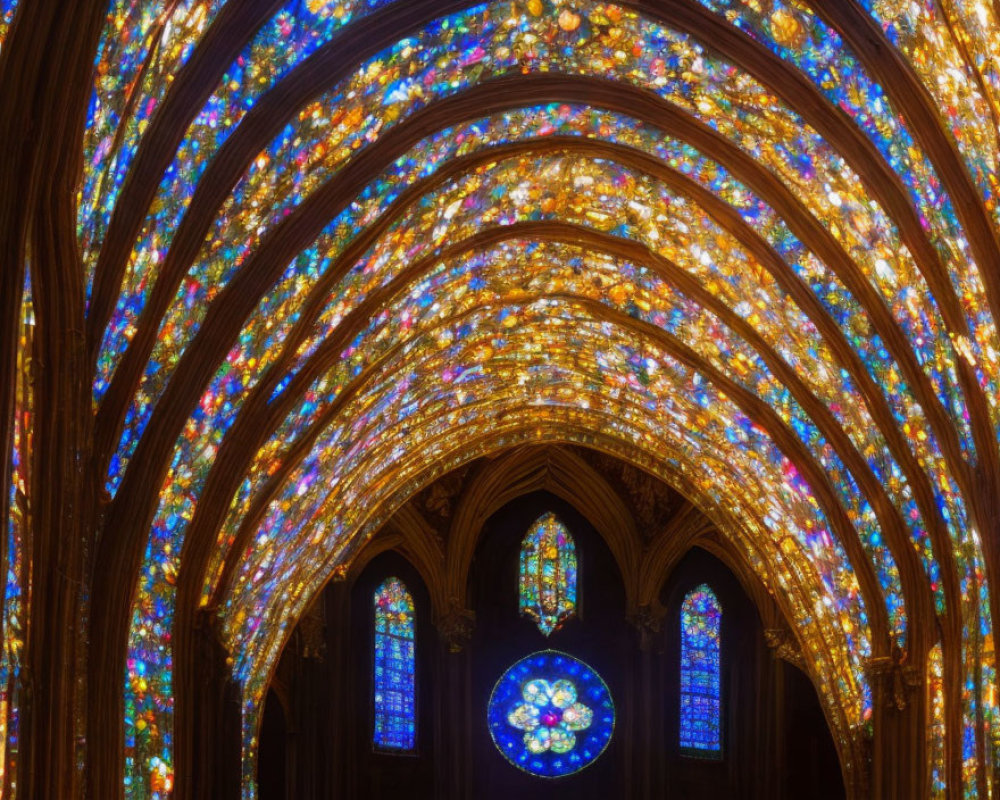 Gothic Style Archway with Vibrant Stained Glass Ceilin