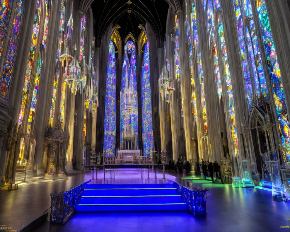 Gothic Cathedral Interior with Pointed Arches and Stained-Glass Windows