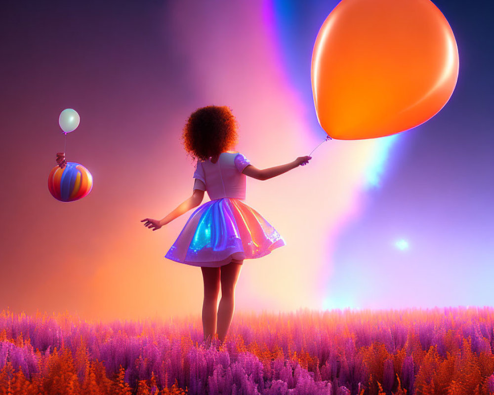 Illuminated dress girl holds balloon in purple field with floating objects