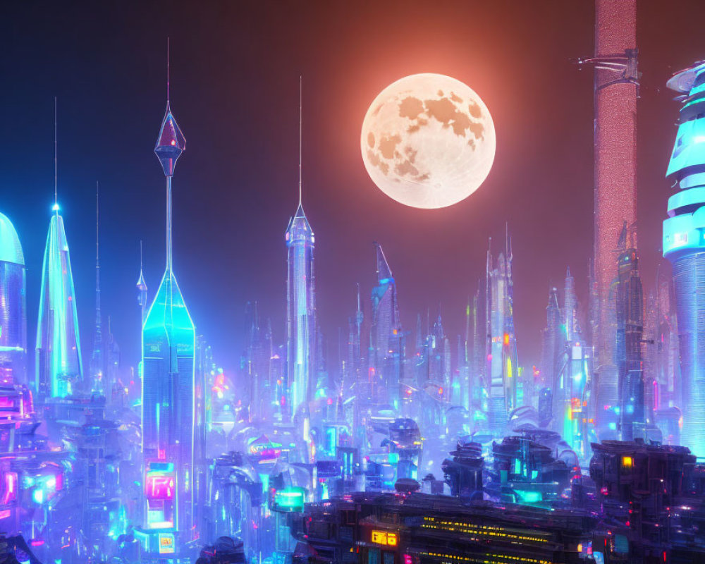 Futuristic neon-lit cityscape with skyscrapers under full moon