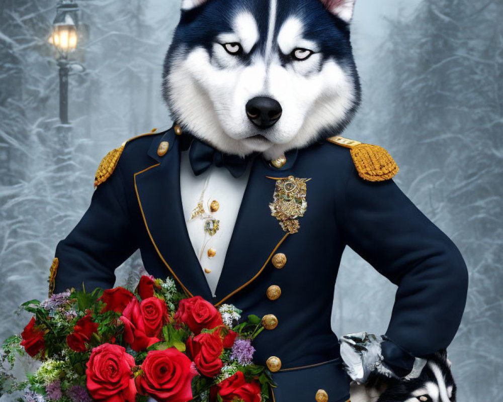 Digitally altered image of husky in navy uniform with roses next to real husky in snow